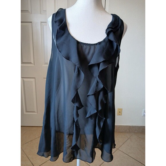 Daniel Rainn Women Blouse L Black Sleeveless Ruffle Front Top‎ Casual Minimalist - Picture 1 of 13